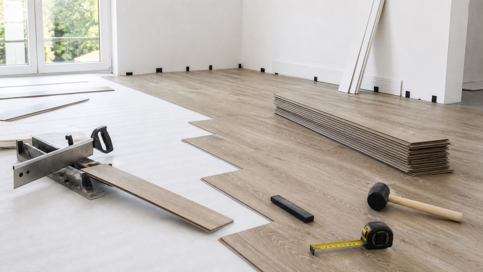 Bodenlegen mit Klickvinyl oder Laminat in hellem Raum