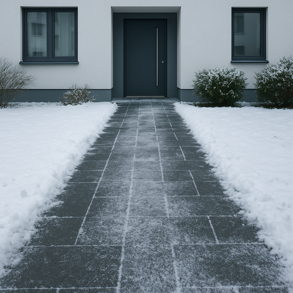 Geräumter Gehweg vor einem Hauseingang im Winter